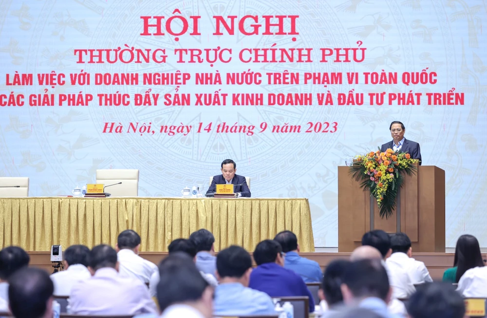 Thủ tướng Phạm Minh Chính chủ trì hội nghị của Thường trực Chính phủ làm việc với DNNN, sáng 14-9. Ảnh: VIẾT CHUNG