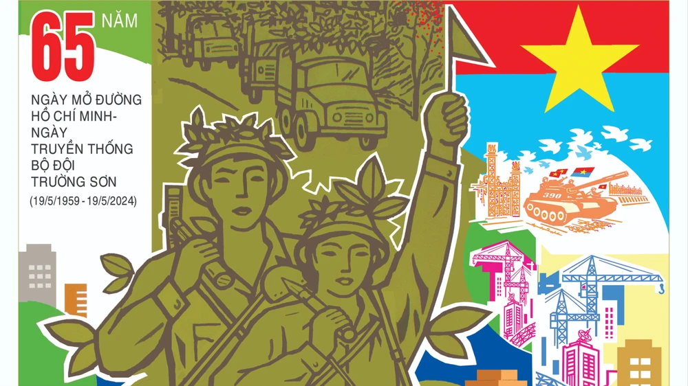 Tranh cổ động tuyên truyền 65 năm ngày mở đường Hồ Chí Minh - Ngày truyền thống bộ đội Trường Sơn (19-5-1959 - 19-5-2024)