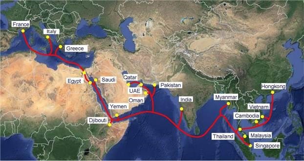 AAE-1 cable system's connecting points. The VNPT plans to offer internet service via AAE-1 submarine cable system in July. (Photo: ictnews.vn)