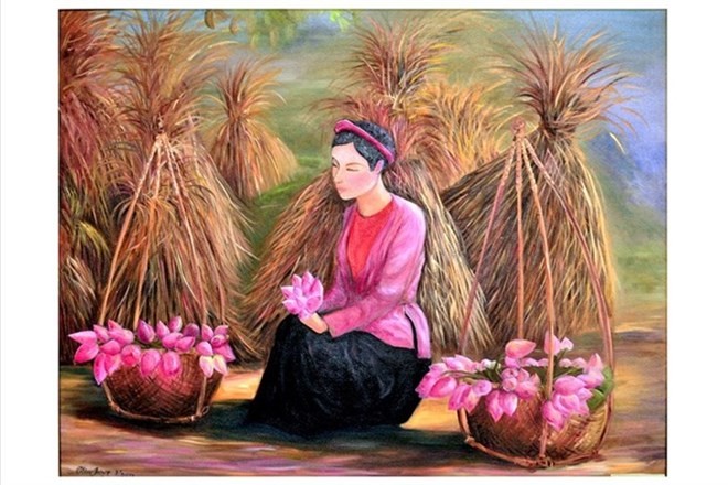 Gai Que (Rural Woman), one of 63 oil and lacquer paintings by female artists of the Tranh Viet Club at the exhibition Tu Mua Thu Ay (Photo courtesy of the show’s organiser)