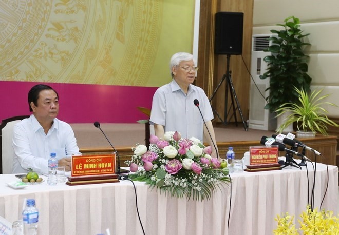 General Secretary Nguyen Phu Trong during a working session in Dong Thap (Source: VNA)