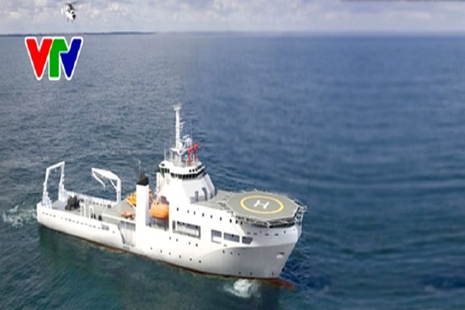 A model image of the MSSARS 9316, Vietnam’s first submarine search and rescue ship, which begins construction on Thursday in Hai Phong (Photo: VTV)