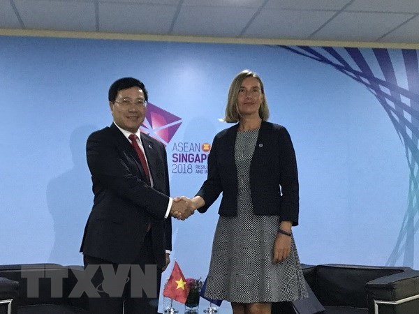 Deputy Prime Minister and Foreign Minister Pham Binh Minh (L) and EU High Representative for Foreign Affairs and Security Policy Federica Mogherini (Source: VNA)