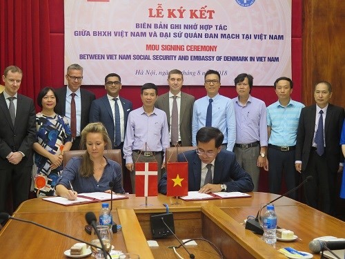 Deputy Ambassador of Denmark Louise Holmsgaard (L) and VSS Deputy General Director Dao Viet Anh sign the MoU on August 21 (Photo: baohiemxahoi.gov.vn)