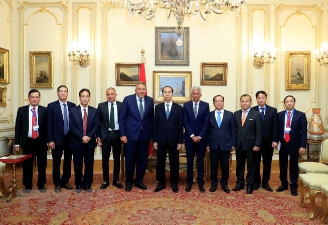 President Tran Dai Quang (middle) and leaders of the Federation of Egyptian Chambers of Commerce (Photo: VNA)