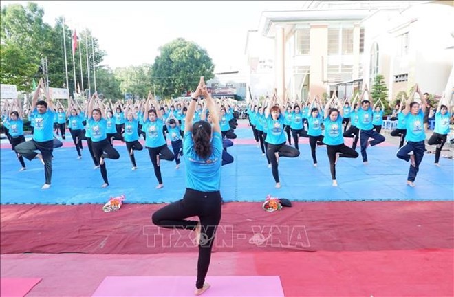 A mass yoga performance at the 2018 International Day of Yoga in Tien Giang province (Photo: VNA)
