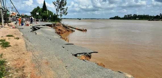 A 35 m- long section of National Highway 91 suddenly cracked and fell into the Hau River 