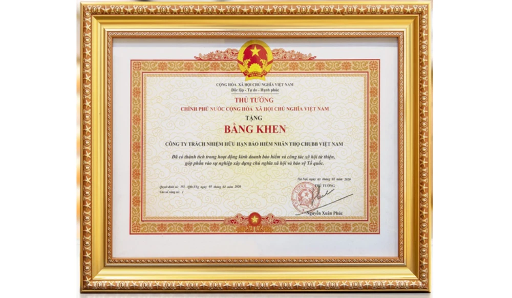 Chubb Life Việt Nam nhận bằng khen của Thủ tướng Chính phủ