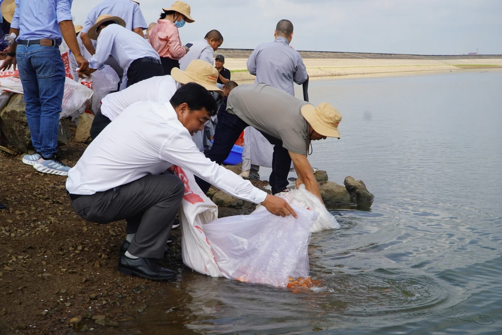 Lãnh đạo Sở NN-PTNT tỉnh Bà Rịa - Vũng Tàu cùng người dân thả cá giống xuống hồ Sông Ray, huyện Xuyên Mộc