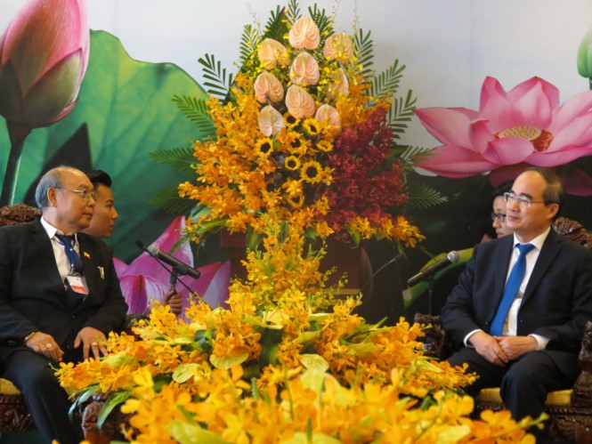 市委書記阮善仁接見緬甸國會議長曼溫凱丹。（圖源：雲科）