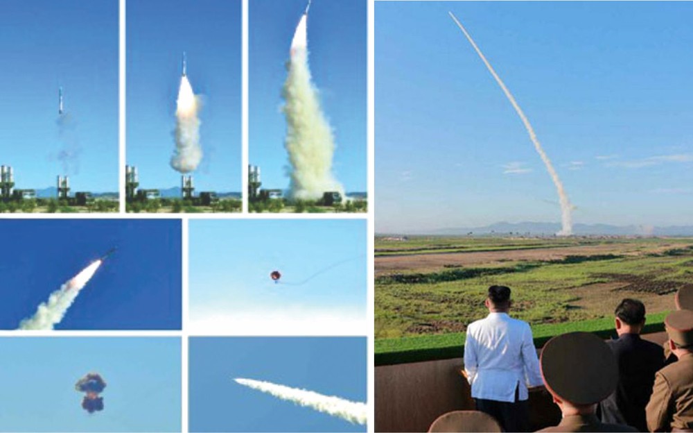 金正恩（右圖，左一）視察試射新型防空導彈。（圖源：互聯網）