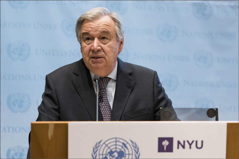 聯合國秘書長古特雷斯在紐約大學斯特恩商學院發表講話。（圖源：聯合國）