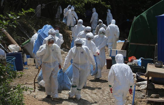 防疫工作人員正在將在釜山機張郡的一家農場內被宰殺的雞等運至掩埋地點。（圖片來源： Song Bong Keun） 