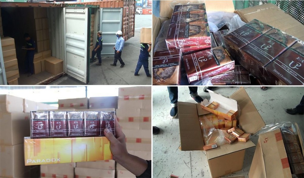 桔萊港海關查獲兩個裝有100多萬包香煙集裝箱。（圖源/拼圖：P.Linh）
