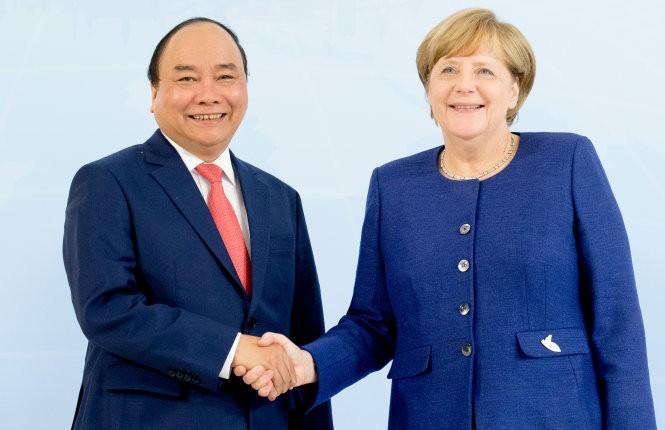 政府總理阮春福與德國總理默克爾會談。(圖源：互聯網)