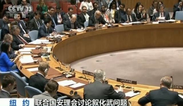 聯合國安理會召開緊急會議，討論美國、英國、法國就敘利亞發生的疑似化武襲擊向安理會提交的一份決議草案。(圖源：CCTV視頻截圖)