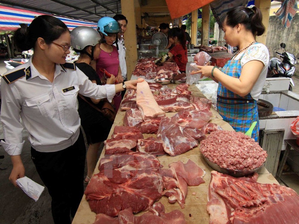 檢查團在集散市場對豬肉來源展開檢查。（圖源：武生/越通社）