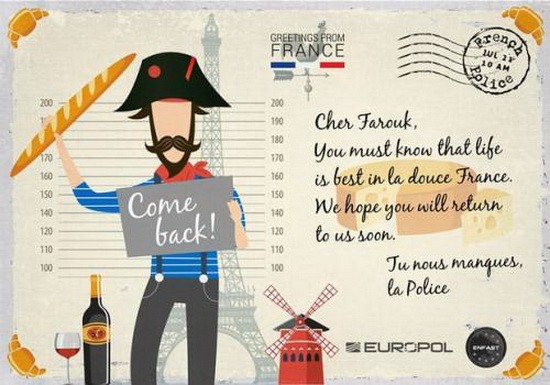 歐洲刑警組織為通緝犯製作的明信片。（圖源：AFP）
