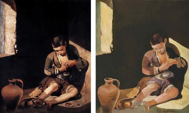 由Jean Francois Hubert保證、據悉是知名畫家蘇玉雲的作品《明天之夢》（右）其實是模仿西班牙畫家作品的偽畫。