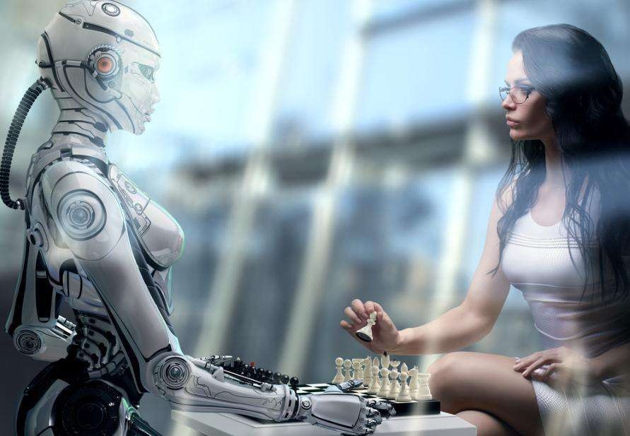 人類與機器人下棋。