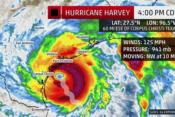 颶風哈維預期將於25日晚或26日早登陸德州沿岸，在隨後數天內，帶來大規模降雨，造成巨大洪災。（圖源：Weather.com）