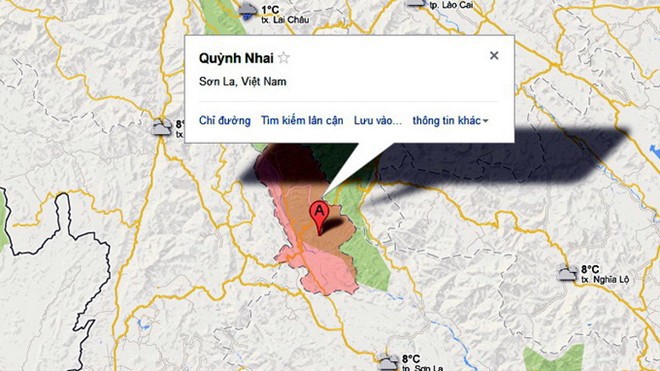 圖為山羅省瓊涯縣和奠邊省朵佐縣交界處發生地震的位置。（圖源：谷歌地圖）