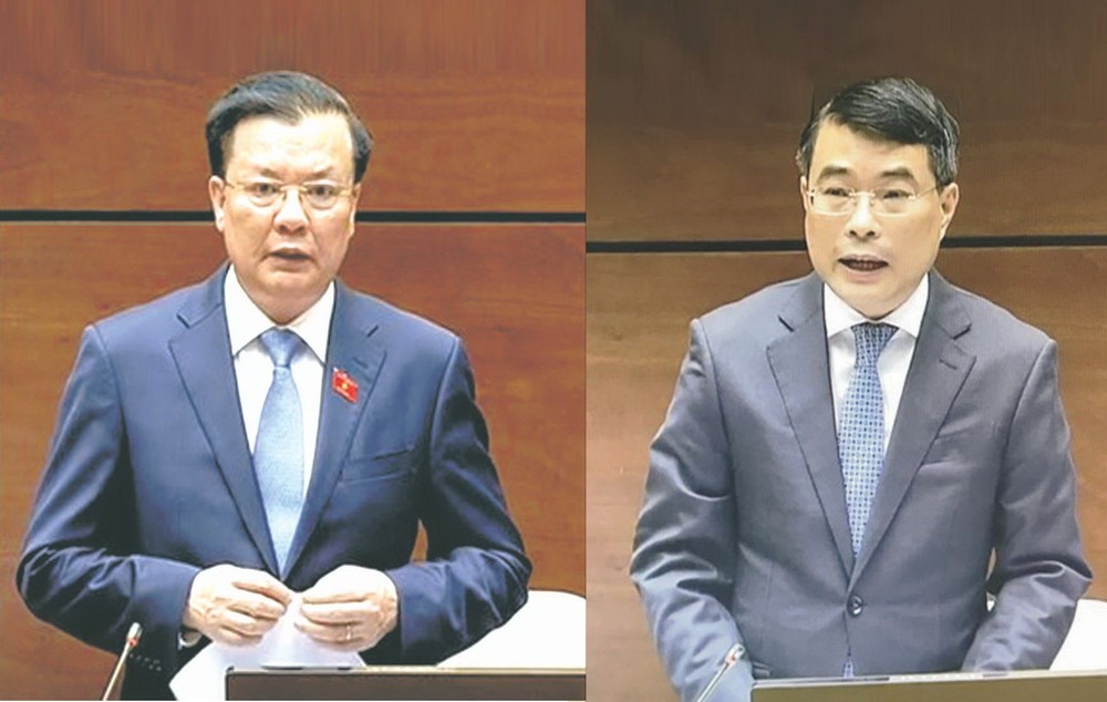 財政部長丁進勇（左）與越南國家銀行總行長黎明興回答國會代表的質詢。