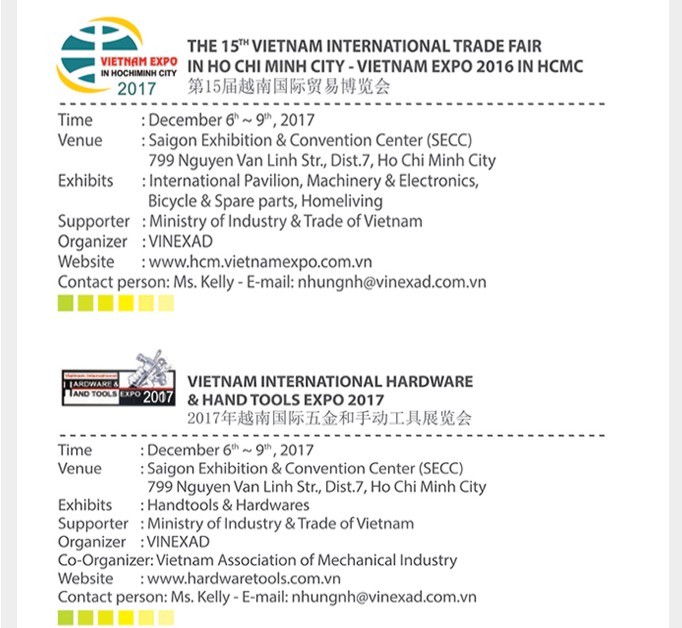 “越交會”(Vietnam Expo)和“越南五金與手工工具國際展”(Vietnam Hardware & Handtools Expo)將於12月6至12日在第七郡西貢會展中心舉辦。（圖源：Vinexad網站截圖）