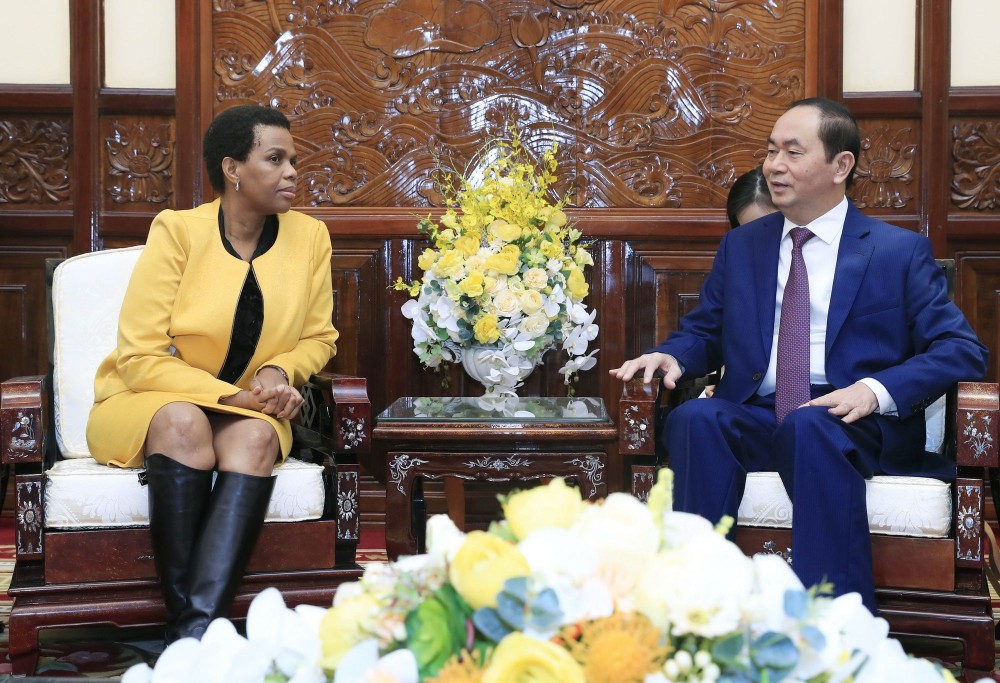 國家主席陳大光(右)接見南非大使克哥姆特蘇‧魯特‧馬加巫。（圖源：顏創）