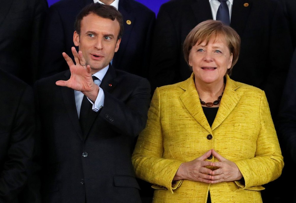 法國總統馬克龍與德國總理默克爾在近日的歐盟峰會上。（圖源：路透社）