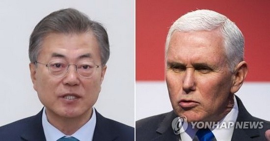 韓國總統文在寅（左）和美國副總統彭斯。（圖源：韓聯社）