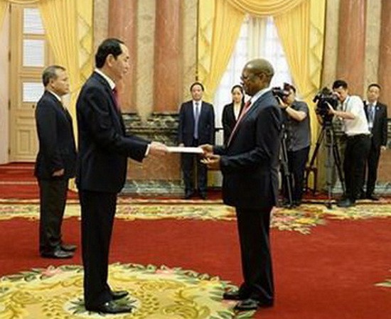 南非大使馬佩簡‧加奧格洛‧萊克高羅(右)向國家主席陳大光呈上國書。（圖源：VOV）