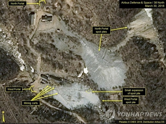 這是美國的朝鮮專題網站“38North”2018年3月底提供的朝鮮豐溪里核試驗場衛星圖。 （圖源：韓聯社/AP）