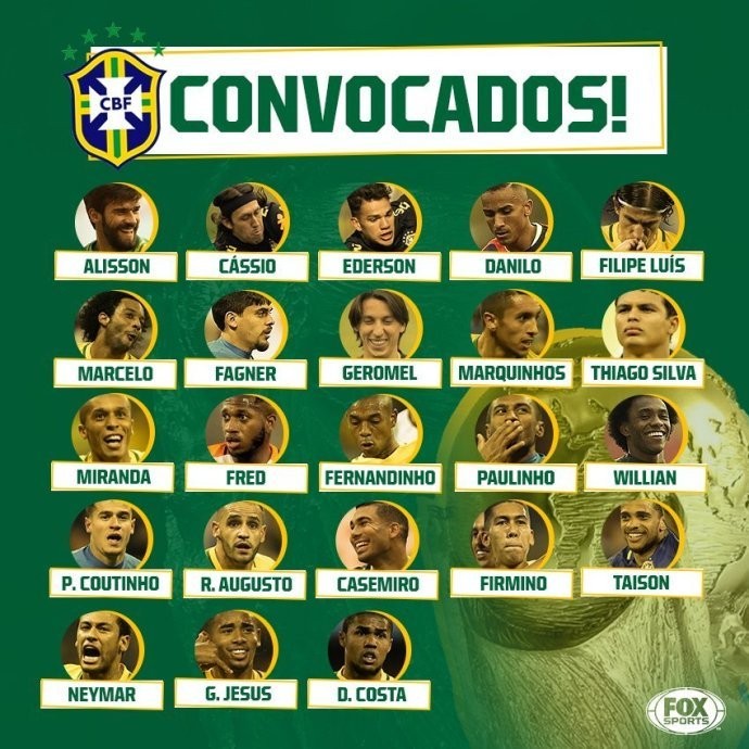 巴西公佈世界盃23人正式名單。（圖源：Fox Sports）