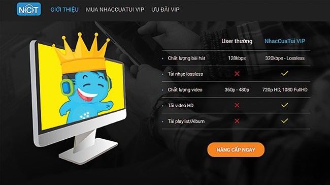 Nhaccuatui 網頁的VIP付費音樂服務證明付費和免費音樂之間的差別。