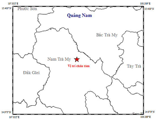 昨(17)日上午7時許，廣南省南茶眉縣區域發生一場里氏3.9級的地震。圖中星號表示震中位置。（圖源：地球物理院）