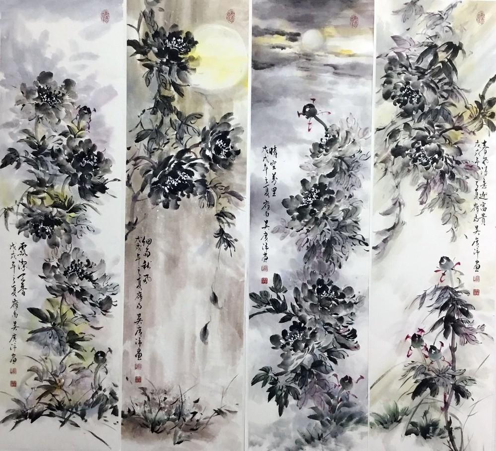 吳廣沛的牡丹作品：風、晴、雨、露