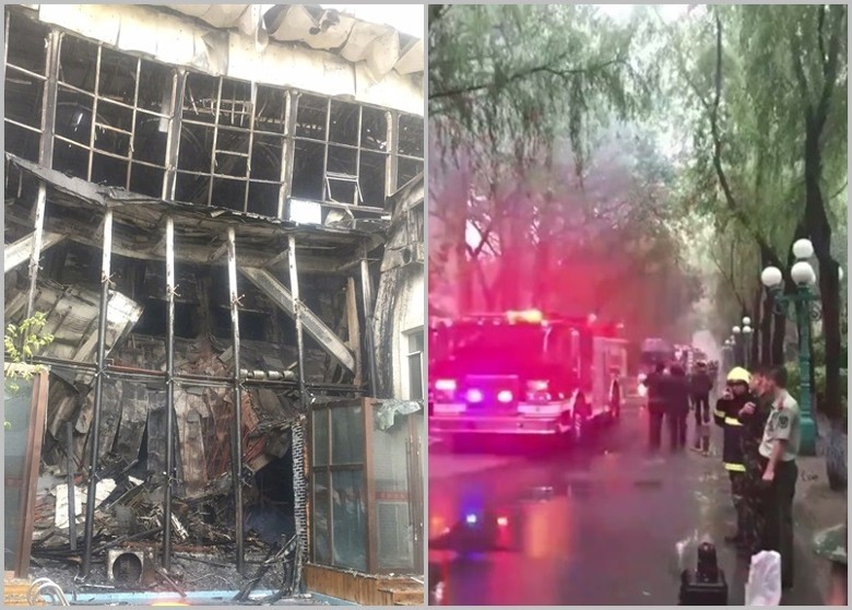酒店被焚毀，現場一片狼藉（左圖）。（圖源：互聯網）