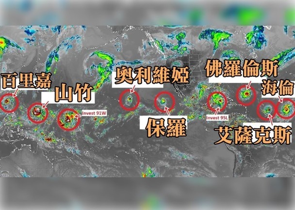 全球 9 股熱帶氣旋連成一線。（圖源：互聯網）