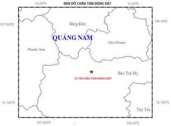 廣南省發生 3.1 級地震。圖中星號表示震中位置。（圖源：地球物理院）