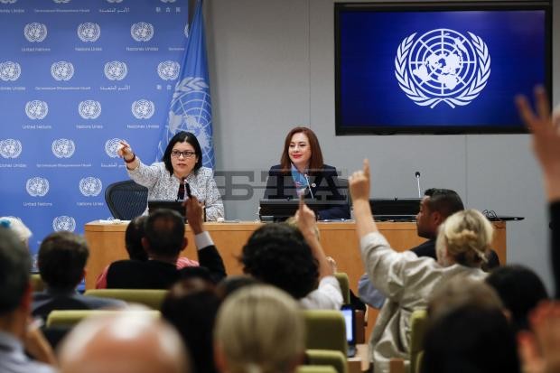 第七十三屆聯合國大會主席埃斯皮諾薩（右）出席聯大一般性辯論閉幕後的記者會。（圖源：BTA）