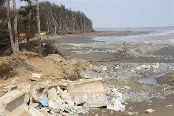 茶榮省沿海縣協盛鄉的護岸堤工程遭海浪侵蝕沖毀。（圖源：越通社）