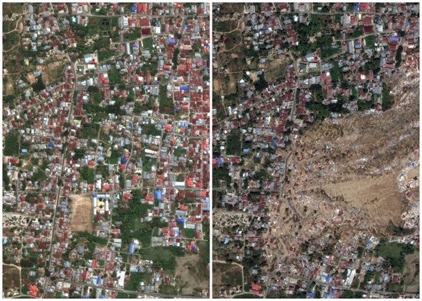 右圖：數千間房屋隨泥石流移動倒塌及被淹沒；左圖為強震及海嘯前拍攝影像。（圖源：互聯網）