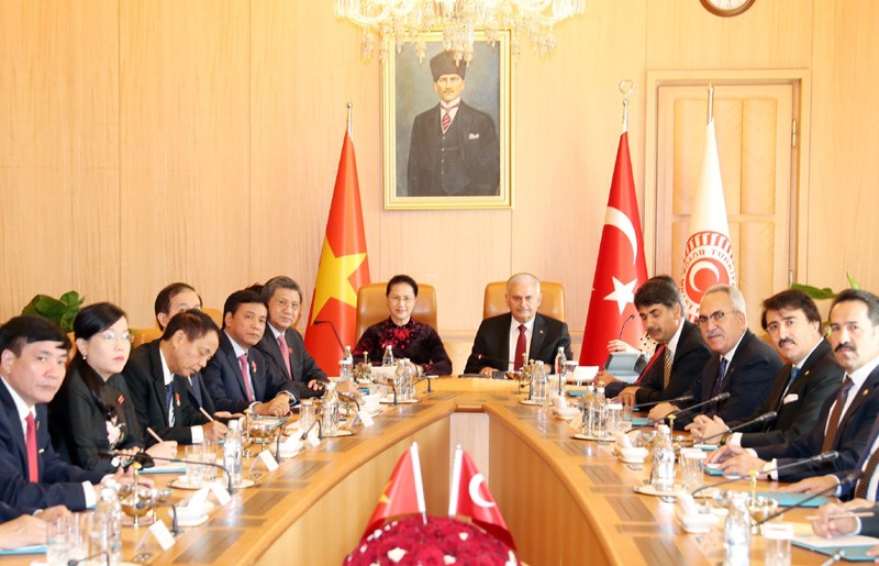 國會主席阮氏金銀與土耳其國會議長納利‧耶爾德勒姆舉行會談。（圖源：仲德）