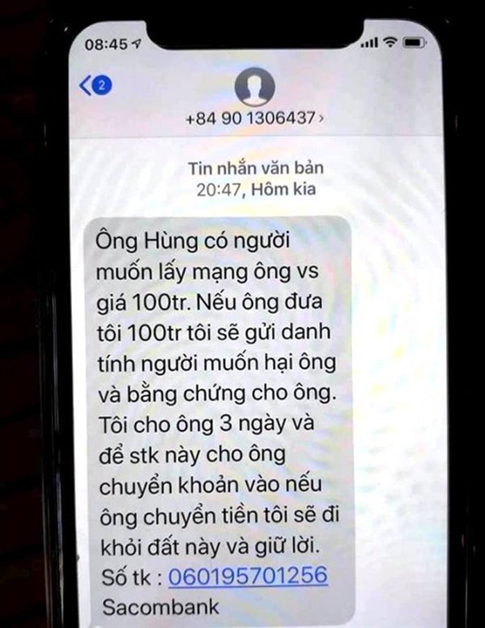 楊世雄主任的手機收到恫嚇和勒索的短信內容。