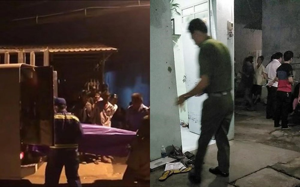 左圖：職能力量把尸體抬出現場送上救護車。右圖：警方聞訊後趕抵事發地點進行現場勘驗。