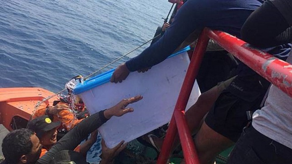 搜救人員成功在深約30米的海底打撈起第一個黑匣子。（圖源：Dok.istimewa）