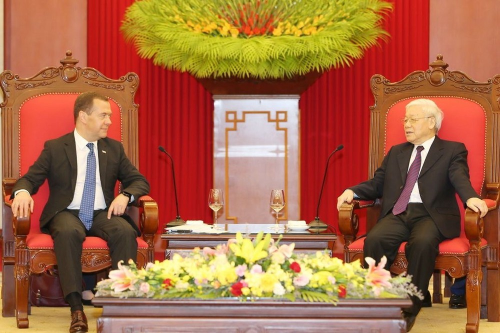 總書記、國家主席阮富仲接見梅德韋傑夫總理。（圖源：越通社）