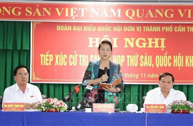 國會主席阮氏金銀在選民接觸會上發言。（圖源：越通社）