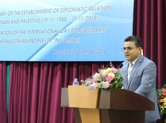 巴勒斯坦駐越南大使Saadi Salama在紀念會上發言。（圖源：慶蘭）